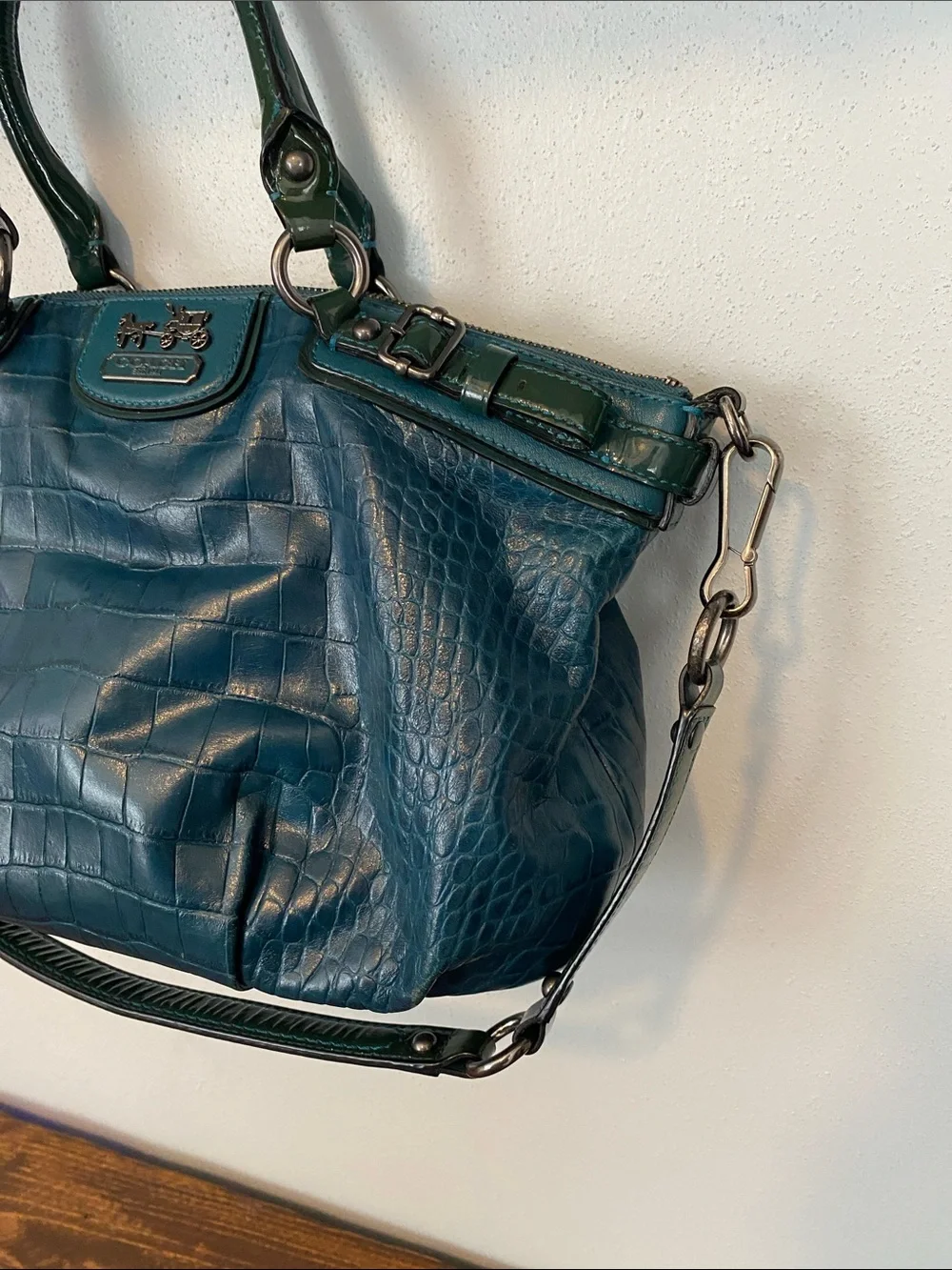 Coach Teal Croc-Embossed Leather Shoulder Bag with Dark Green Trim